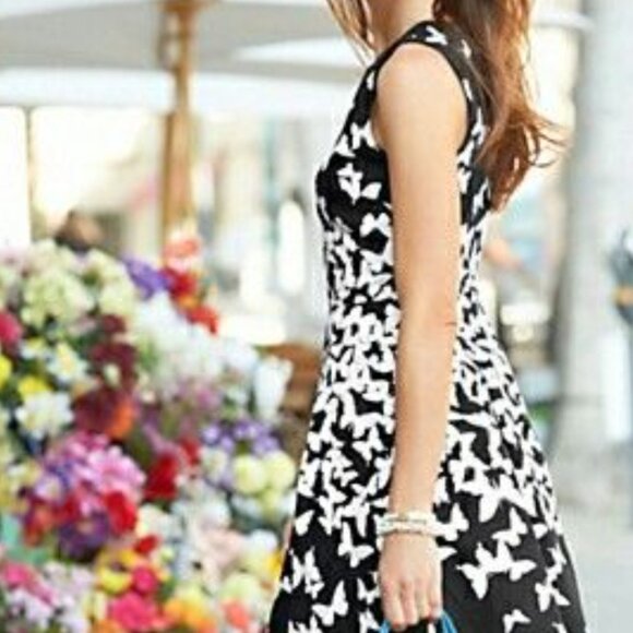 Talbots Pleated Butterfly Dress A Line Black White Womens 8P Sleeveless - Picture 5 of 9